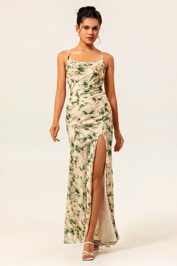 Champagne Floral Mermaid Printed Bridesmaid Dress with Slit